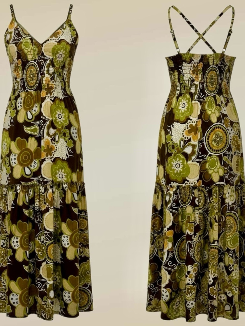 Boho Print 100% Cotton Smocked Whimsical Romantic Maxi Dress Green Brown Size M - Picture 3 of 5